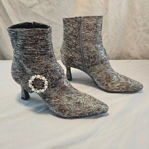Alex Marie 9.5 Marilyn Two Pearl Bling Buckle Fabric Heeled Bootie NWOT NWOB